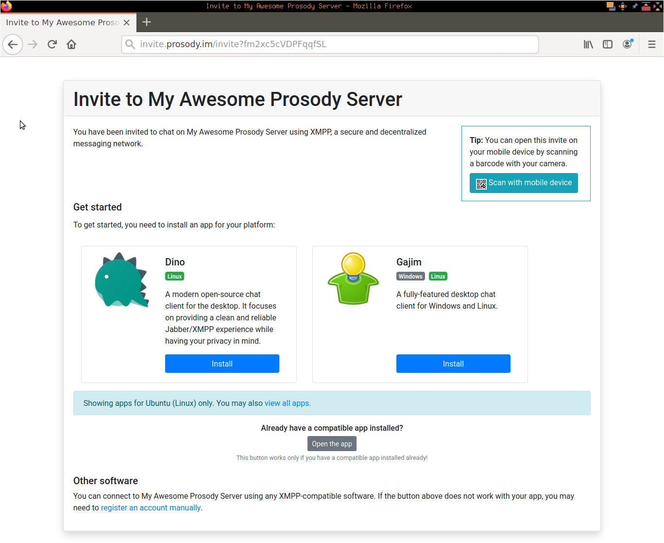 Screenshot of the Prosody invitation page